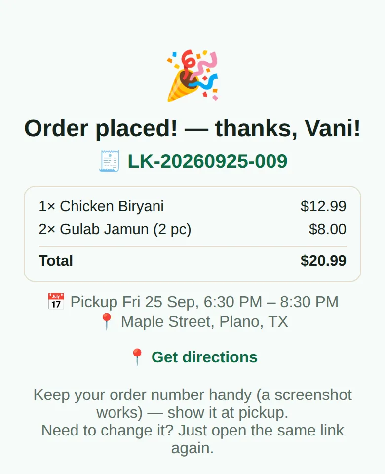 Order placed screen with the order number, items, total, pickup time and address