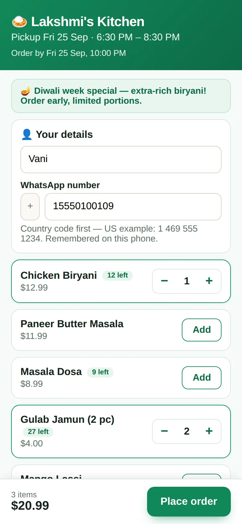 Customer order page for Lakshmi's Kitchen with dishes, how many are left, and a Place order button