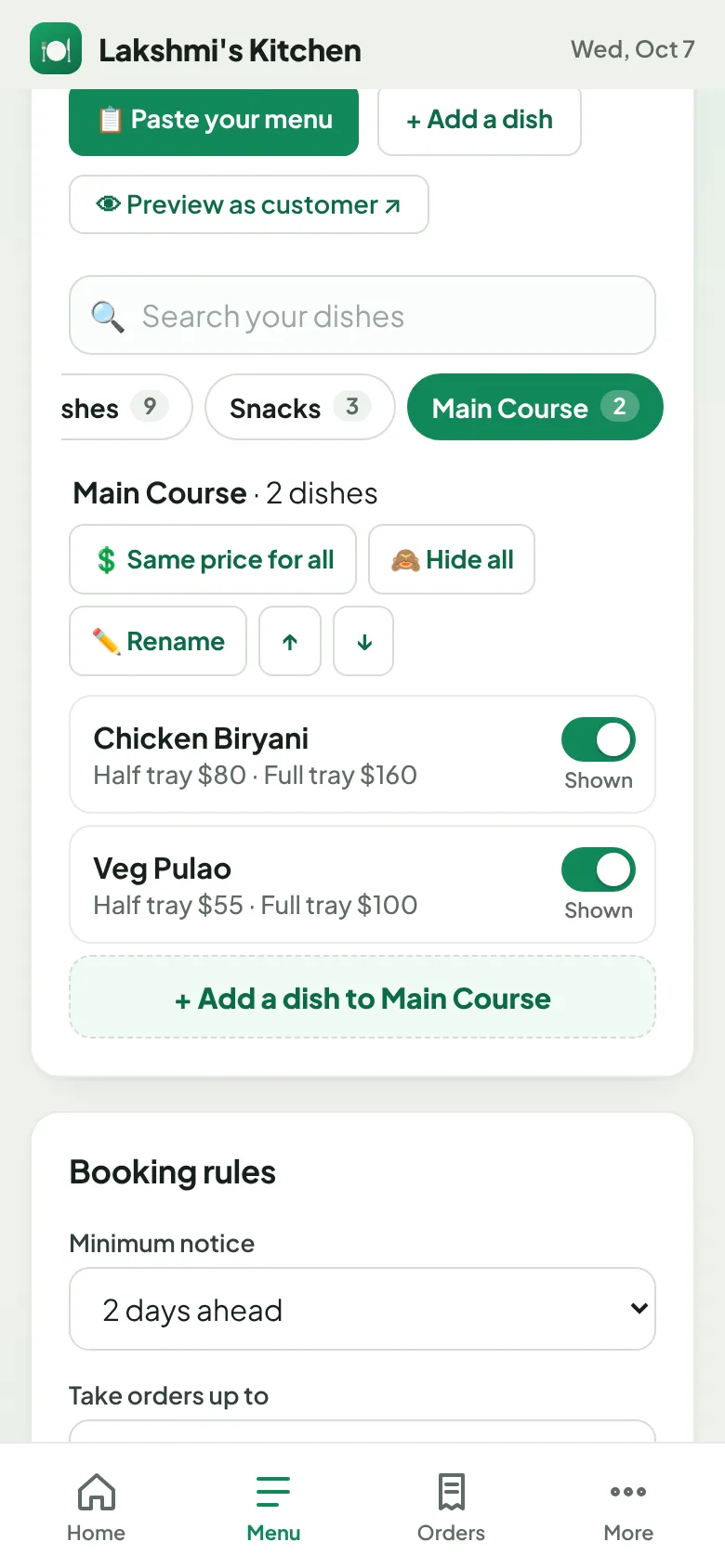 Party menu editor with sections, the dishes in Main Course with half and full tray prices, and booking rules