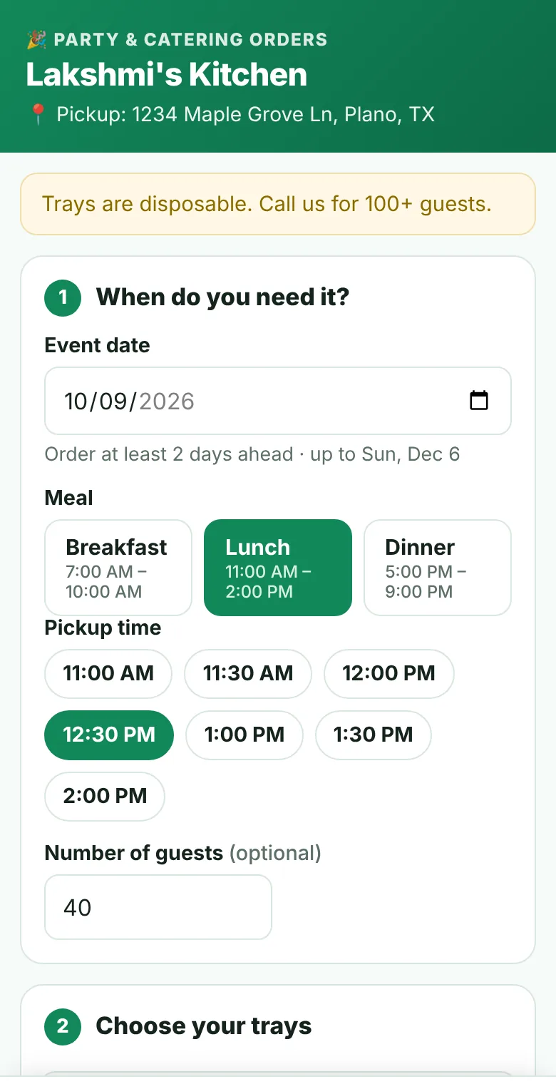Customer party page: event date, Lunch selected, 12:30 PM pickup time and 40 guests