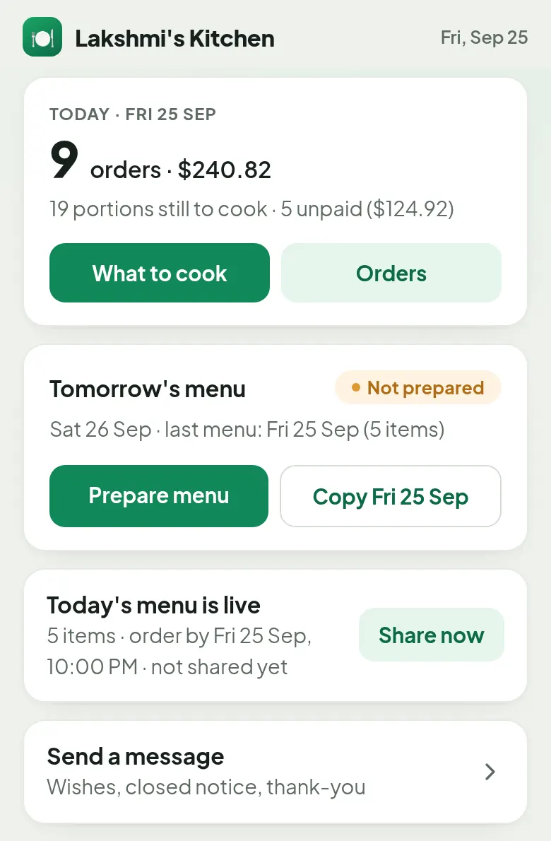 Omea Home screen: 9 orders, $240.82, 19 portions still to cook, 5 unpaid, and buttons for what to cook and tomorrow's menu