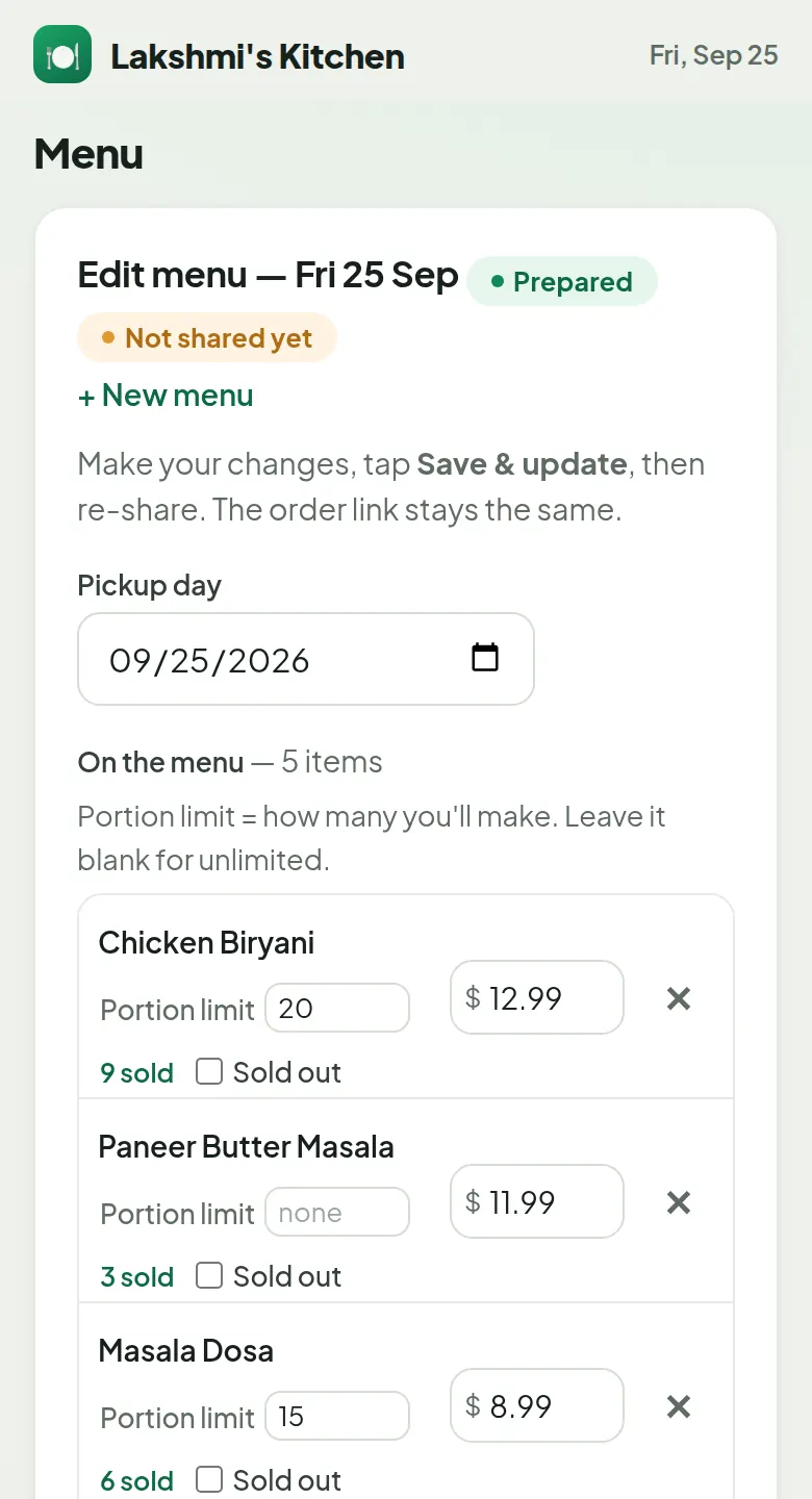 Omea menu editor with five dishes, their prices, portion limits and how many of each are sold