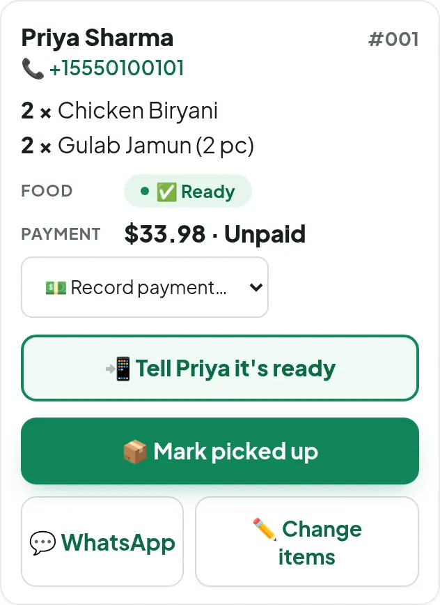 An order card for Priya Sharma, marked Ready, with buttons to tell her it's ready and to mark it picked up
